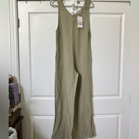 Zara  Linen Sage Green Jumpsuit Bib Overalls - Picture 2 of 15